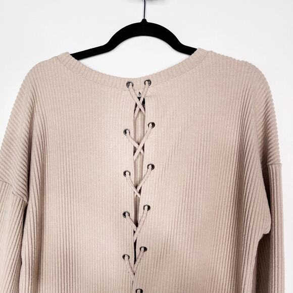 Doe & Rae Womens Small S Brown Ribbed Long Sleeve Lace Up Back Top Cozy Soft - Picture 4 of 8